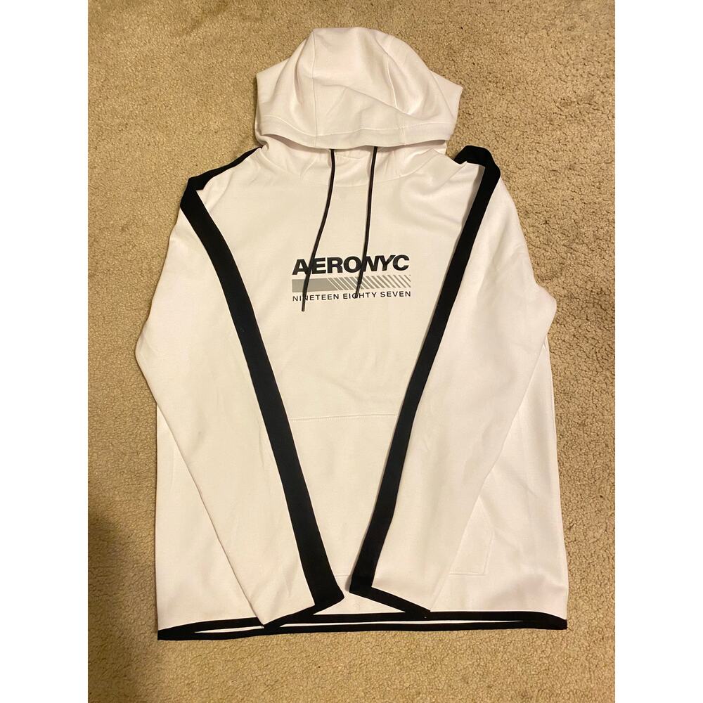 Aeropostale Aero MVMNT Tech Fleece Hoodie Size M White Black Sleeve Stripes
